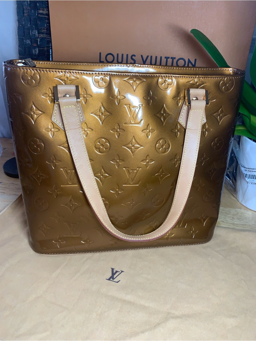 Louis Vuitton Bronze Patent Monogram Tote with Beige Straps